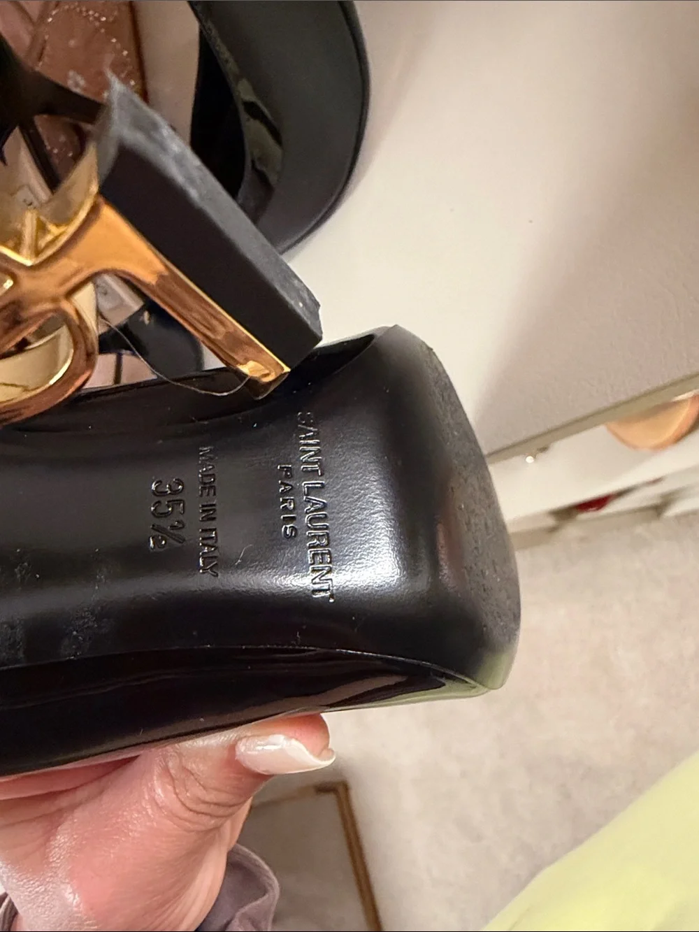 Saint Laurent Black Patent Pumps with Gold YSL Logo Heel - Picture 3 of 8